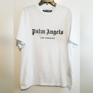 Palm Angels Rhinestones Sprayed Logo Classic Tee Shirt in White/Black Authentic